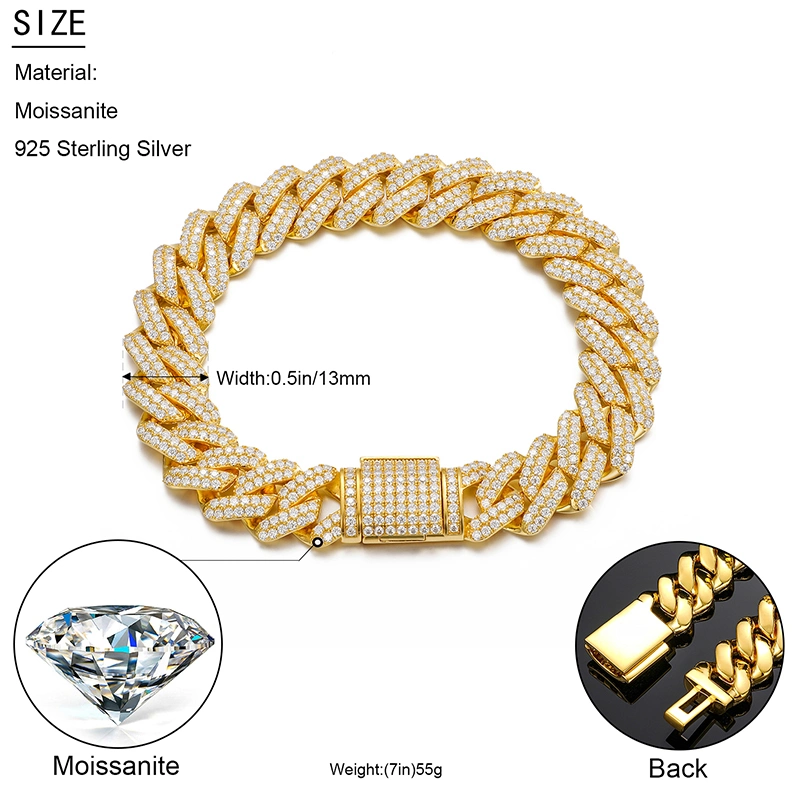 Custom Jewelry Men′s Bracelet 14mm Gold Plated 925 Sterling Silver Vvs Moissanite Diamond Miami Cuban Link Chain Bracelet